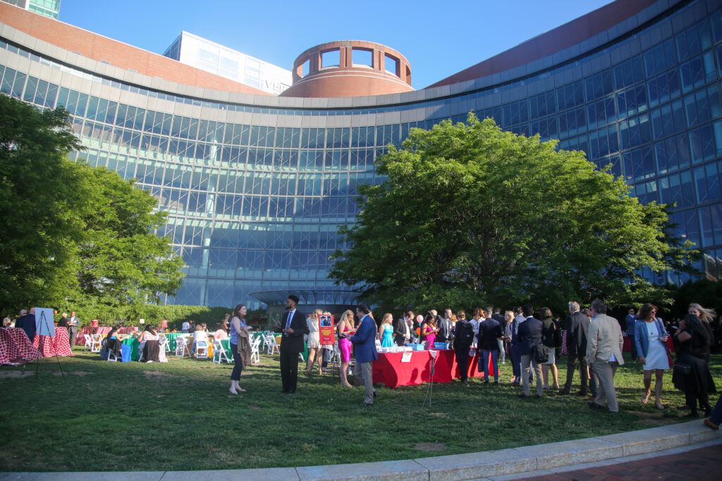 Exterior of the Moakley Courthouse with people lined up to attend the gala event